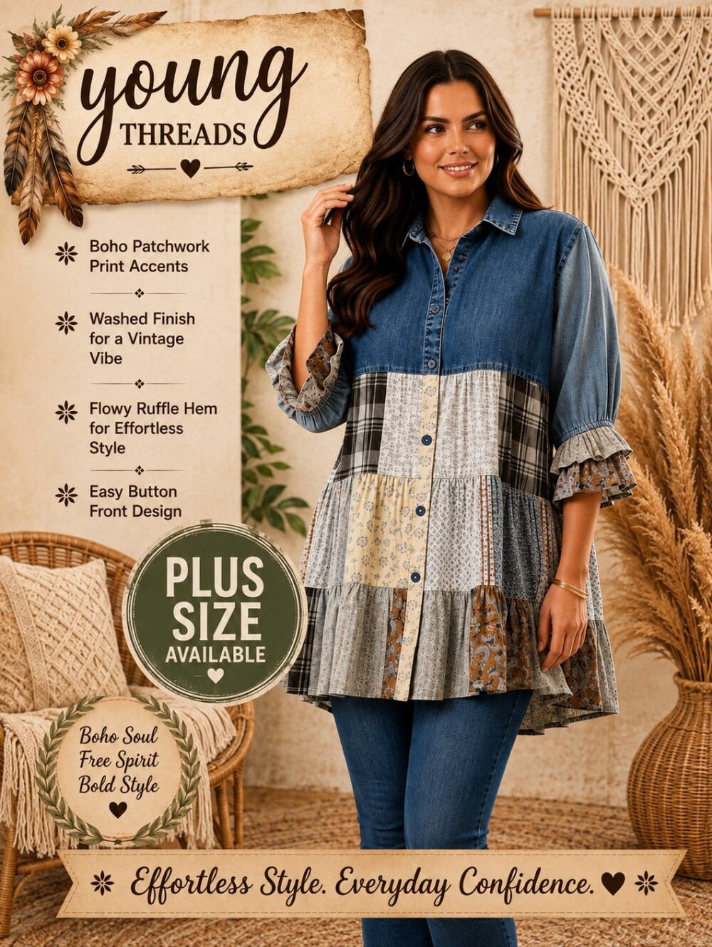138 Young Threads Women's Blue Patchwork Denim Tunic with Ruffle Hem